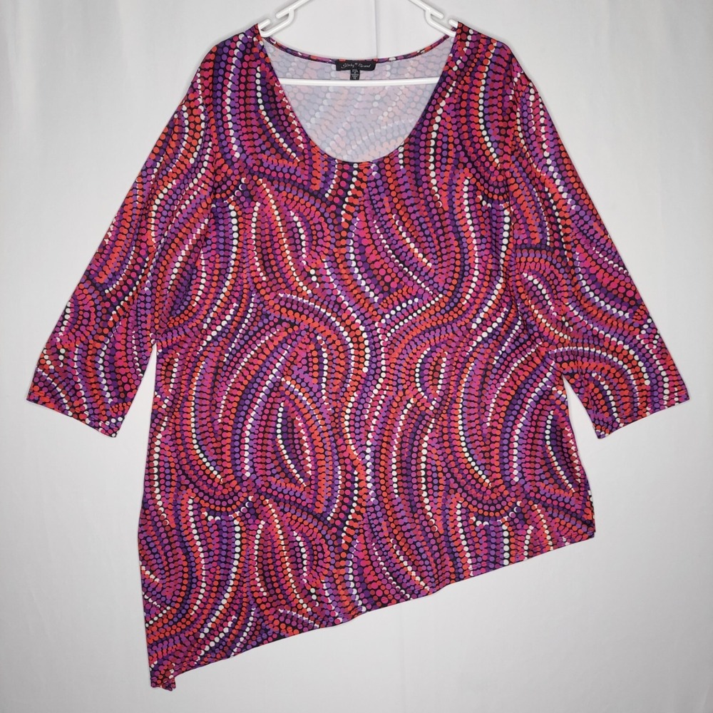 Slinky Brand Top Womes 1X Asymmetric Hem Stretch Knit 3/4 Red Purple Geometric